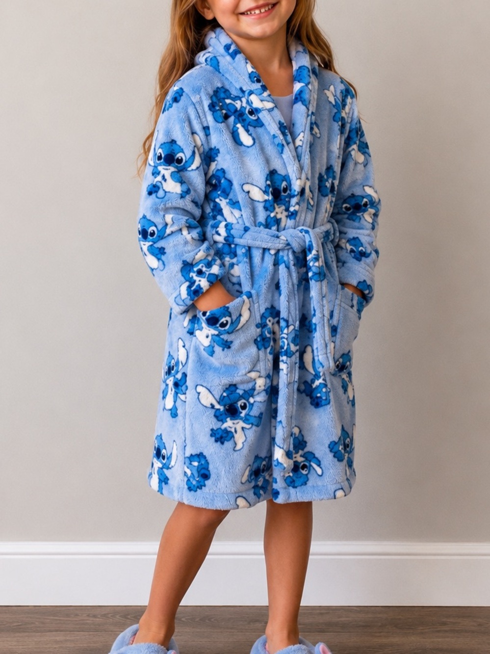 Disney Stitch Girls Plush Fleece Robe Blue Size Small